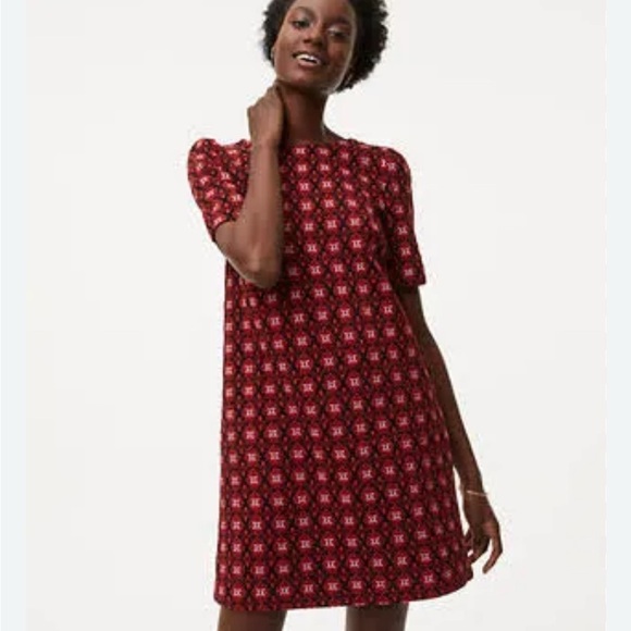 LOFT Scroll Floral Jacquard Short Sleeve Shift Mini Dress Red/Black Petite XS - Picture 1 of 8